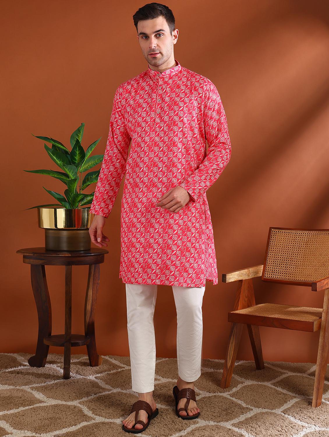 men printed mandarin neck long kurta