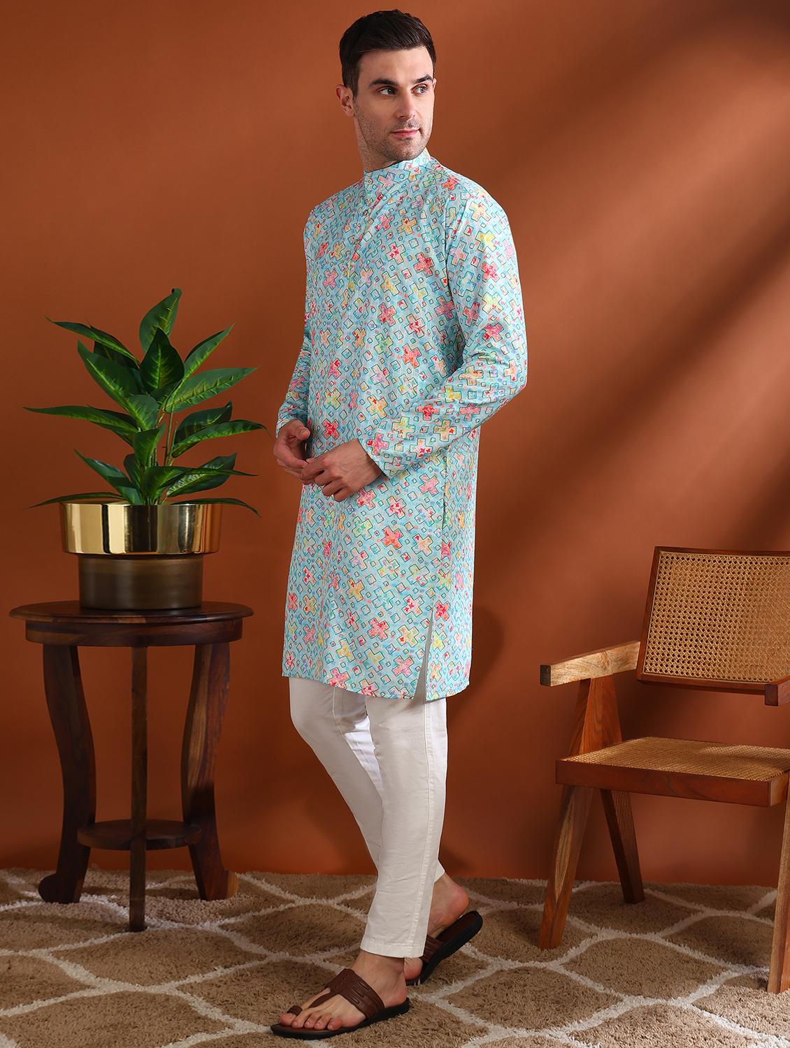 men printed mandarin neck long kurta - 21750734 - Standard Image - 1