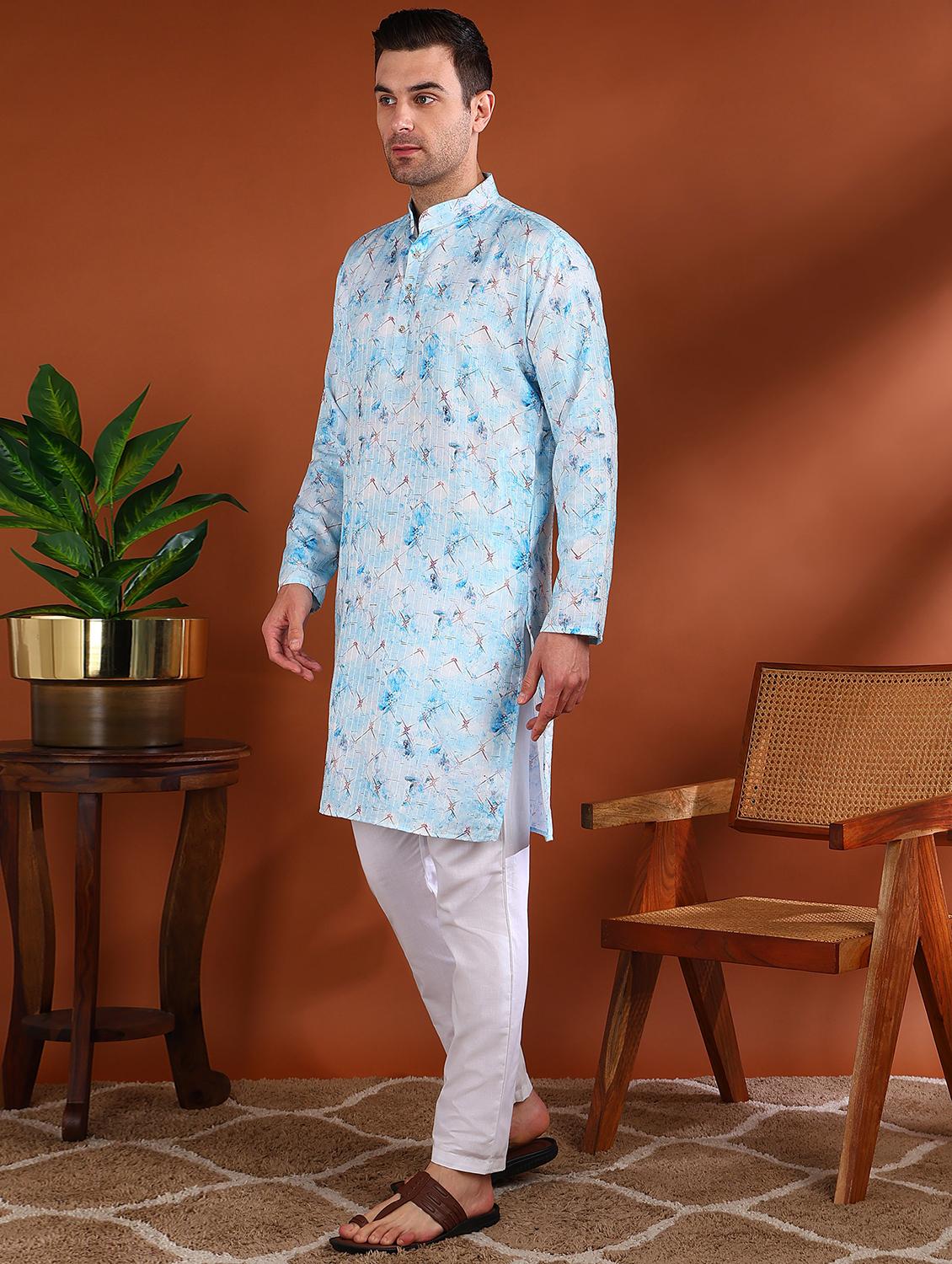 men printed mandarin neck long kurta - 21750735 - Standard Image - 1