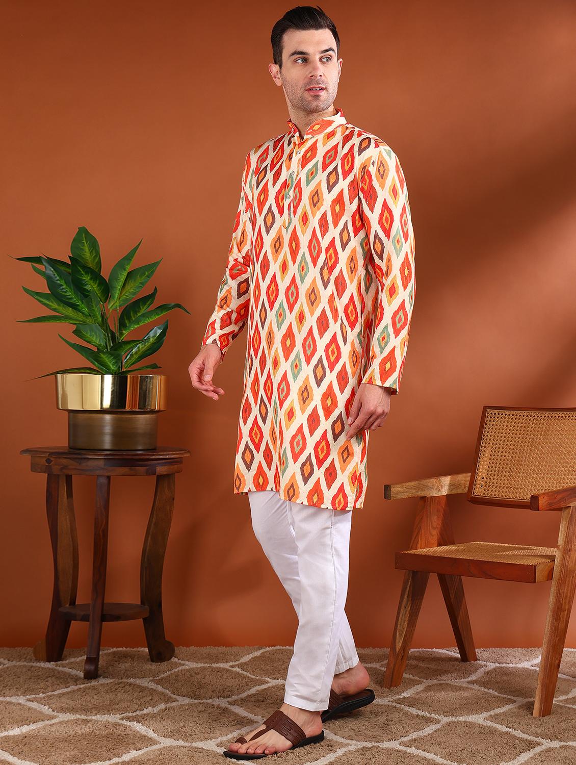 men printed mandarin neck long kurta - 21750737 -  Standard Image - 1
