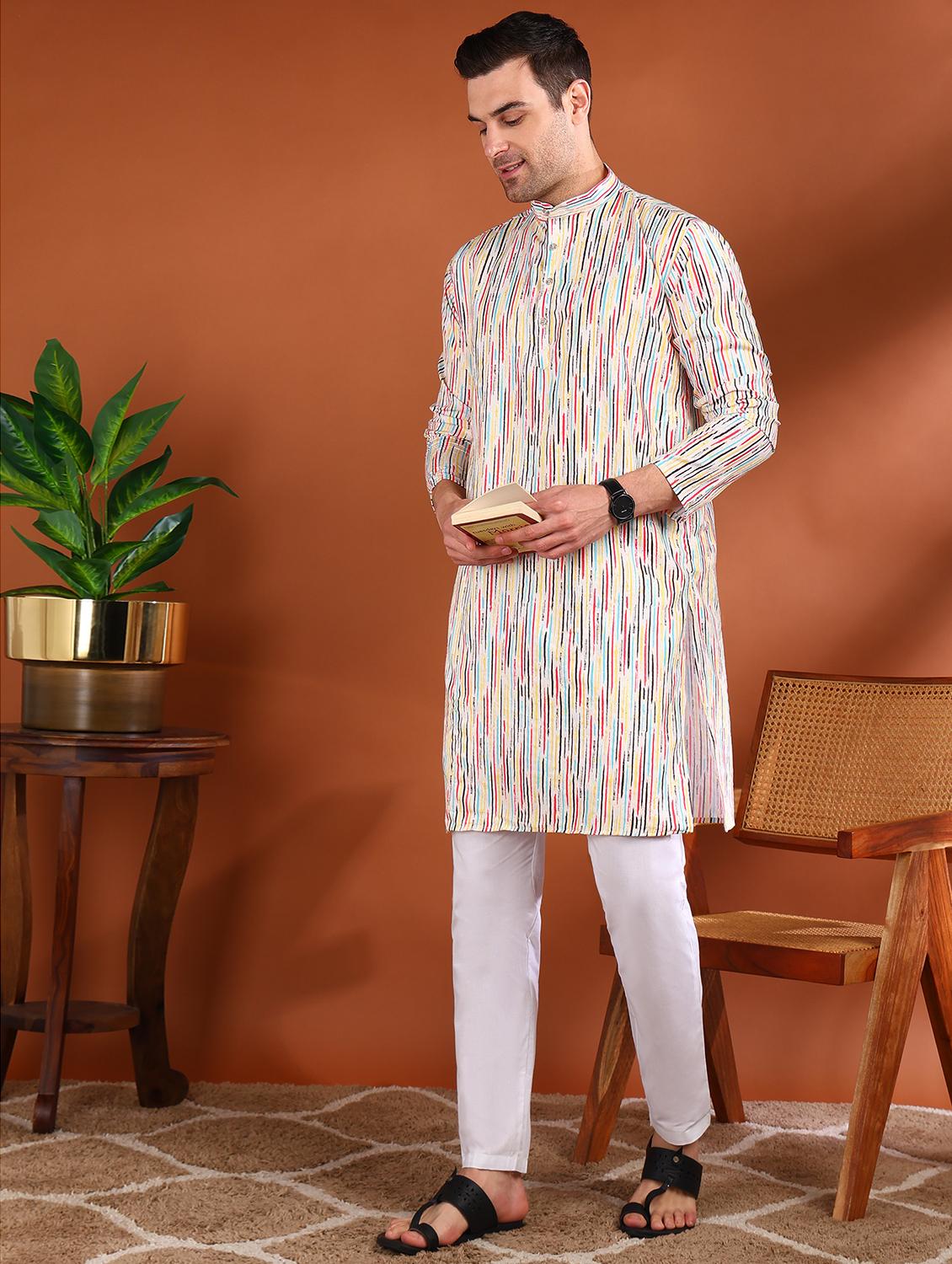 men printed mandarin neck long kurta - 21750739 - Standard Image - 1