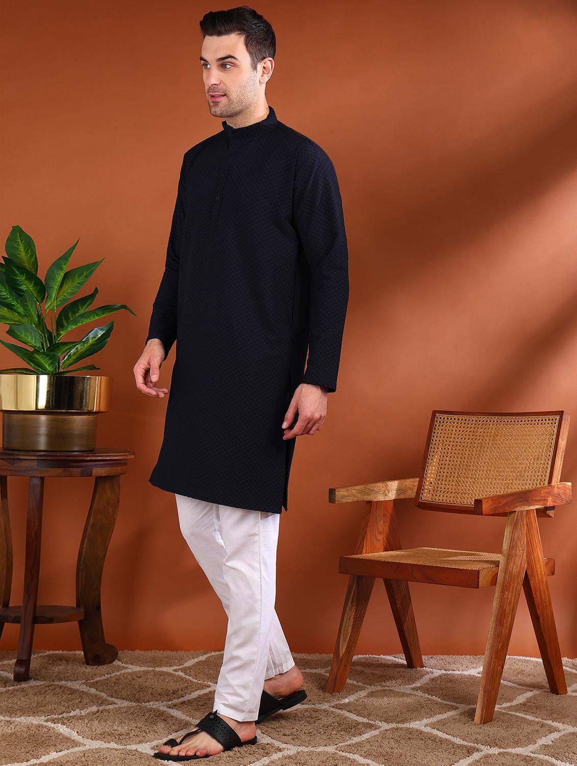 men self design mandarin neck long kurta - 21750740 - Standard Image - 1