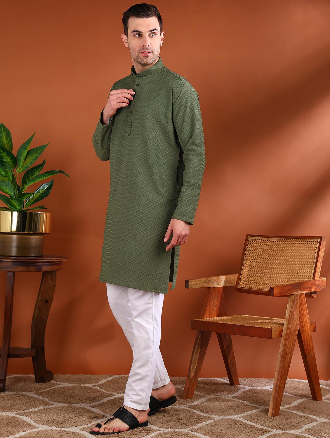 men self design mandarin neck long kurta - 21750742 - Standard Image - 1