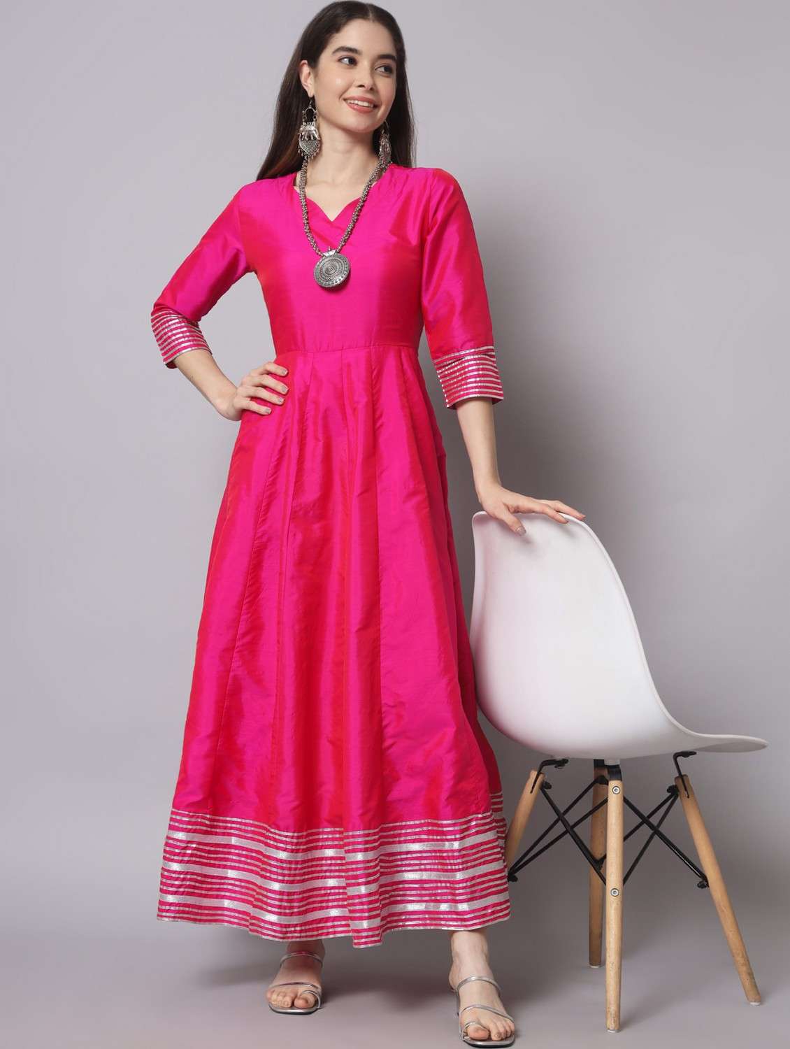 women pink three quarter sleeve flared ethnic dress - 21750941 -  Standard Image - 1