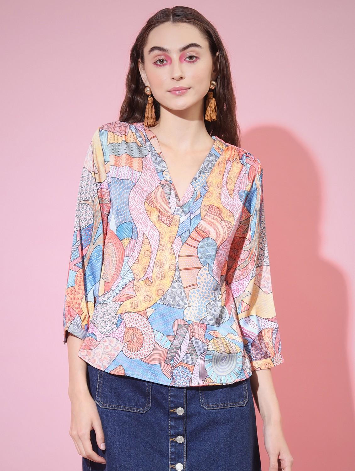 women multi color printed v neck top - 21750976 - Zoom Image - 0