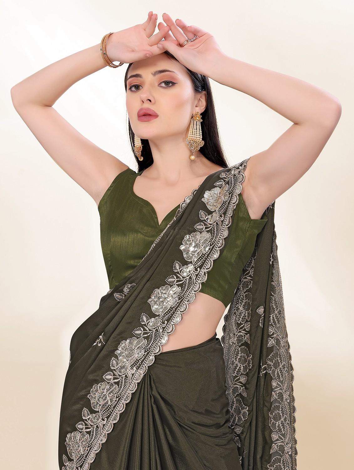 women green embroidered saree with blouse - 21753186 - Standard Image - 4