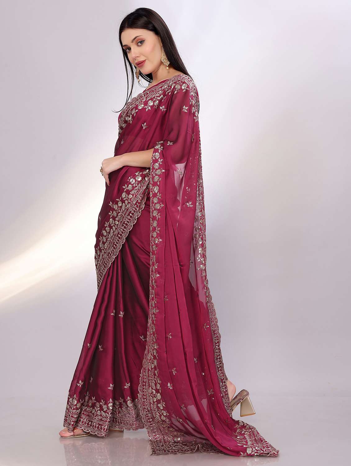 women solid with work embroidered saree with blouse - 21753238 -  Standard Image - 1