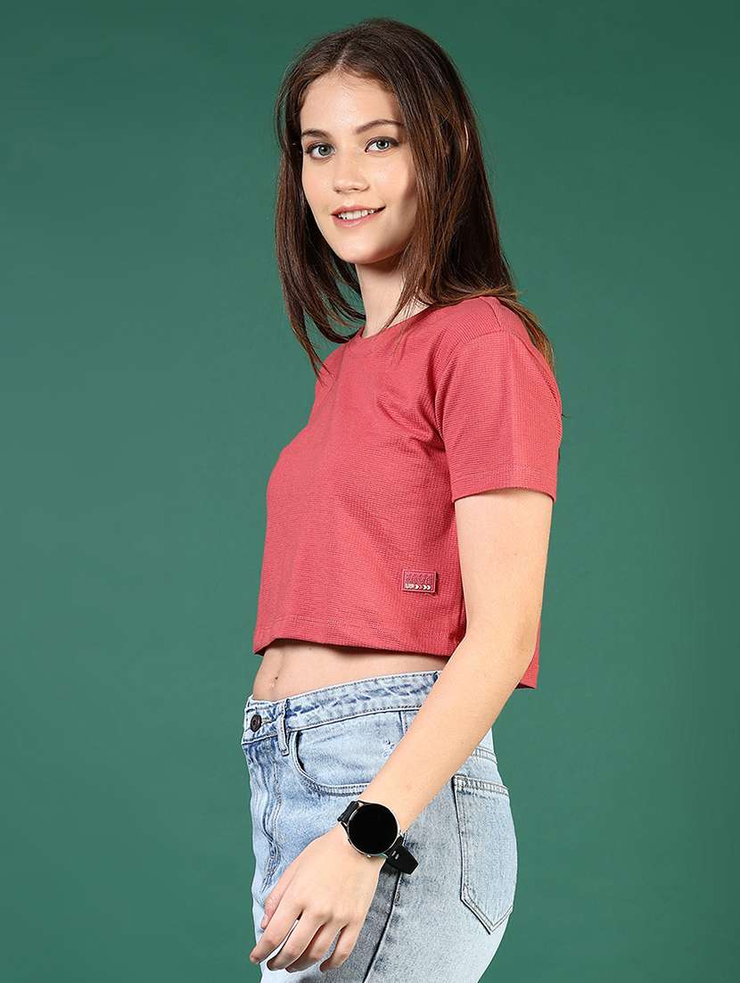 women solid short sleeve regular fit crop t-shirt - 21753576 -  Standard Image - 1