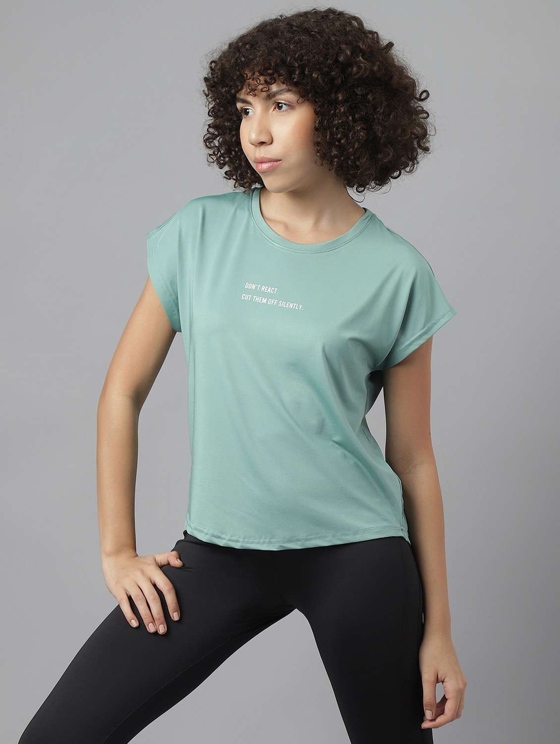 women green typographic round neck t-shirt - 21762609 -  Standard Image - 1
