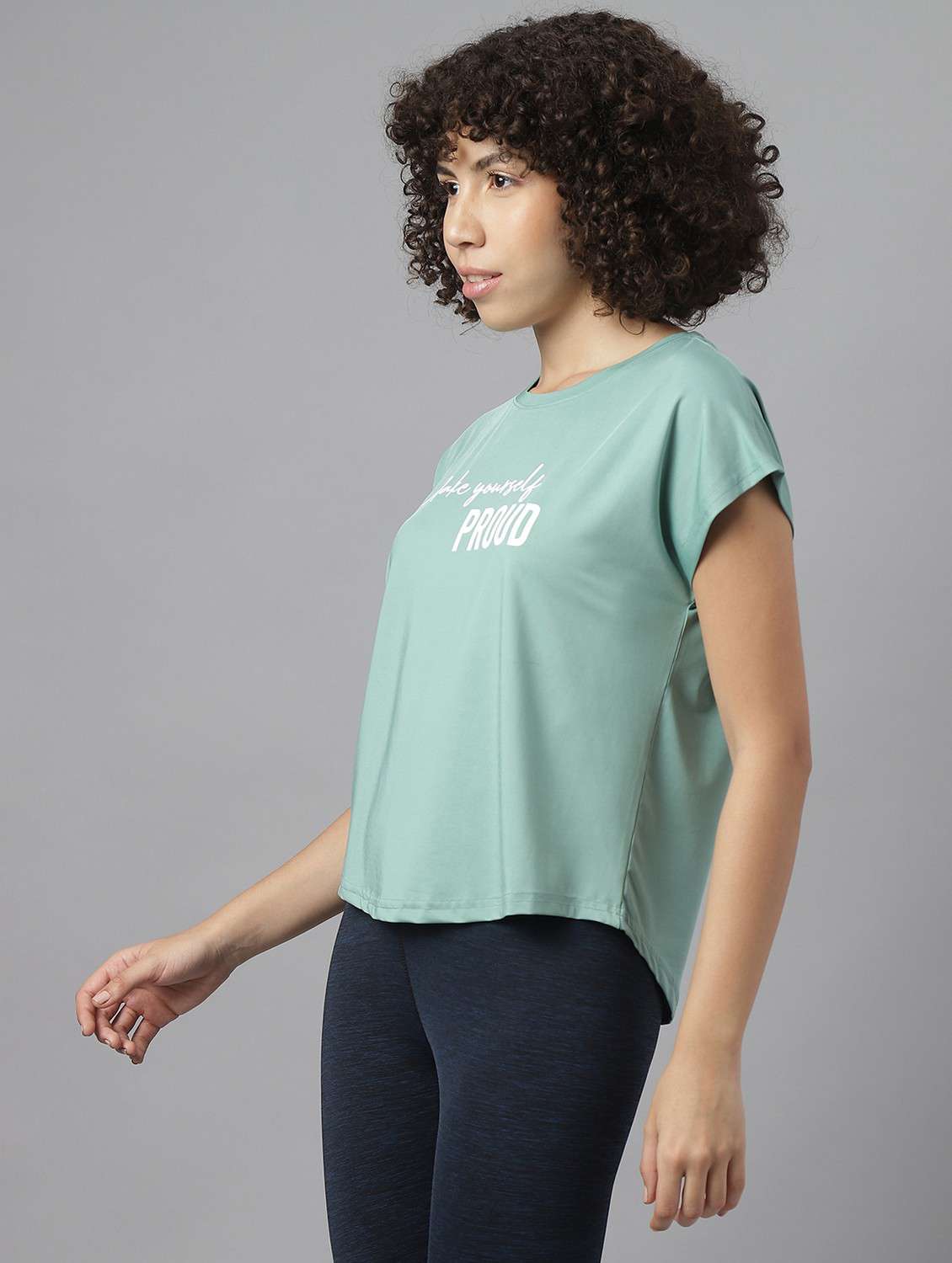 women green typographic round neck t-shirt - 21762615 -  Standard Image - 1