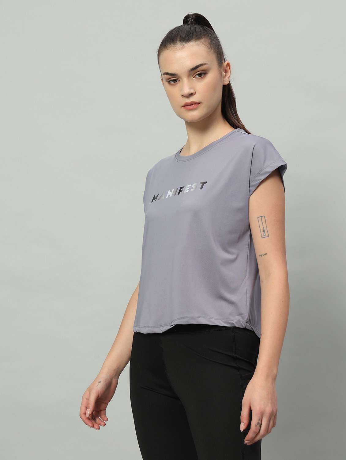 women grey typographic round neck t-shirt - 21762645 -  Standard Image - 1
