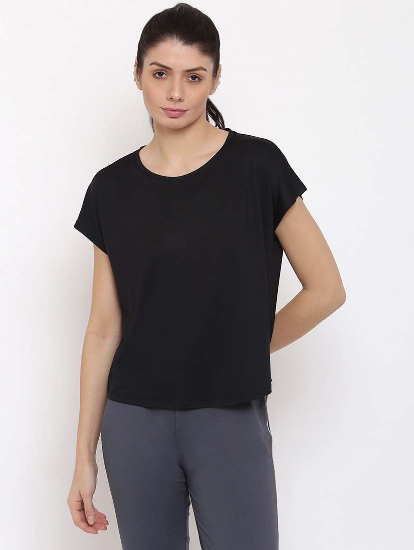 women solid round neck dri-fit high t-shirt