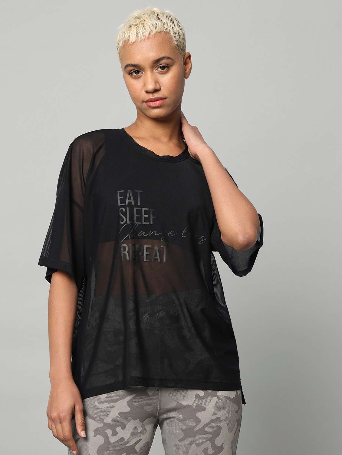 women printed relaxed fit mesh sports t-shirt