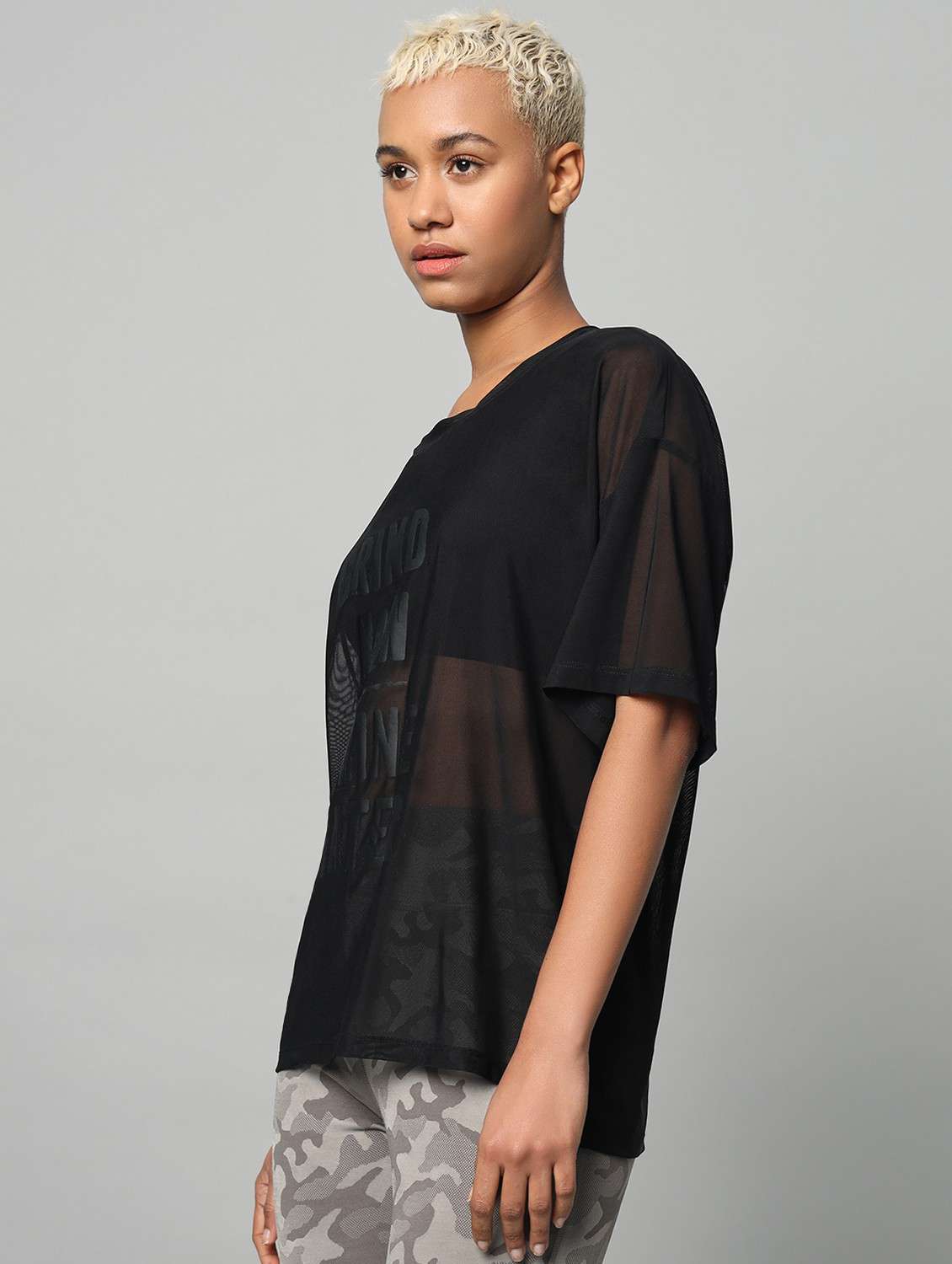 women printed relaxed fit mesh sports t-shirt - 21763289 - Standard Image - 1