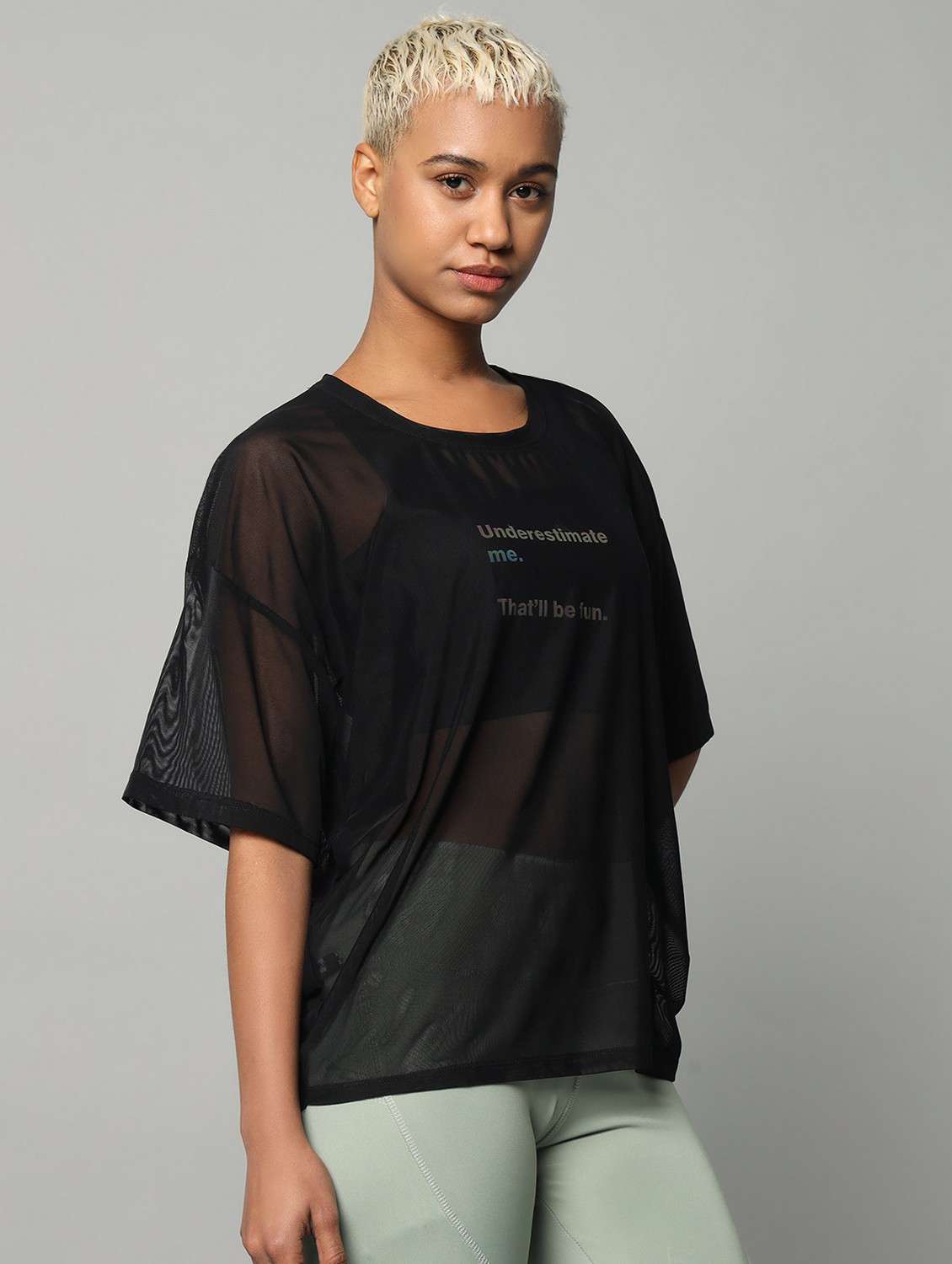 women black typographic round neck t-shirt - 21763291 -  Standard Image - 1