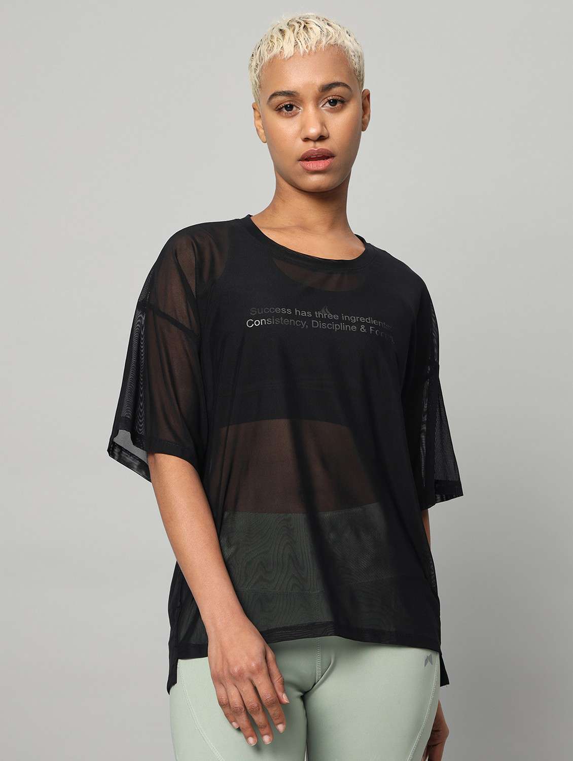 women printed relaxed fit mesh sports t-shirt