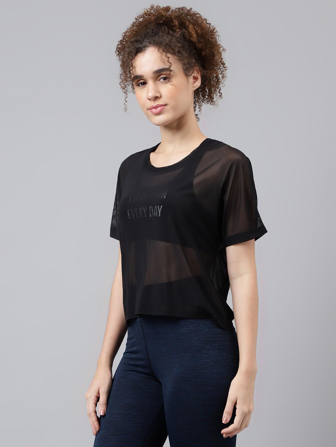 women black typographic round neck sport t-shirt - 21763381 - Standard Image - 1