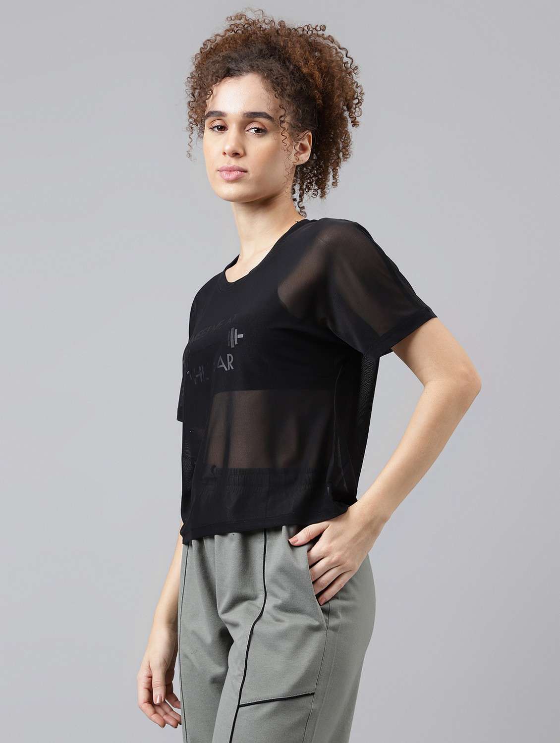 women black typographic round neck sport t-shirt - 21763385 -  Standard Image - 1