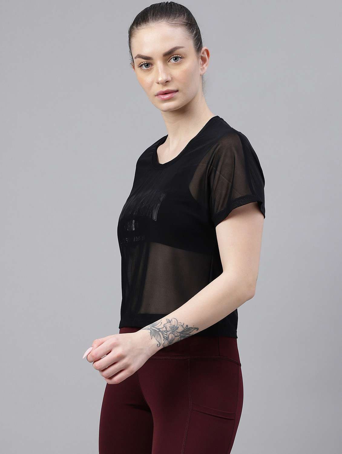 women black typographic round neck sport t-shirt - 21763399 -  Standard Image - 1