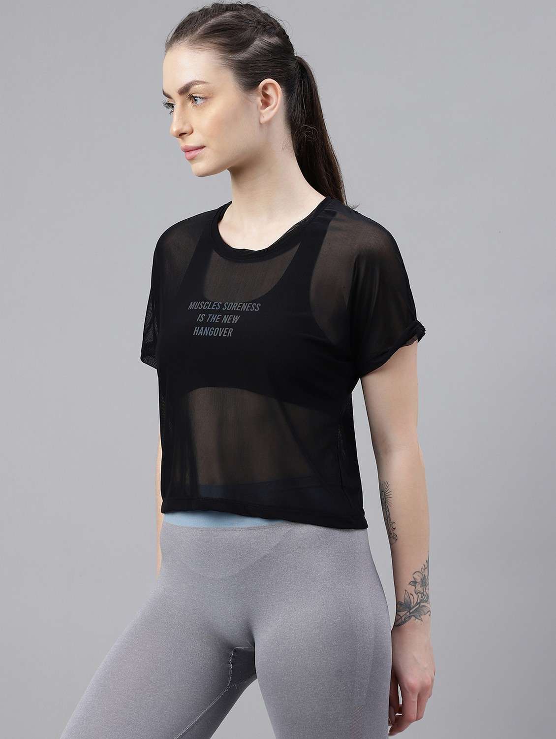 women black typographic round neck sport t-shirt - 21763402 -  Standard Image - 1