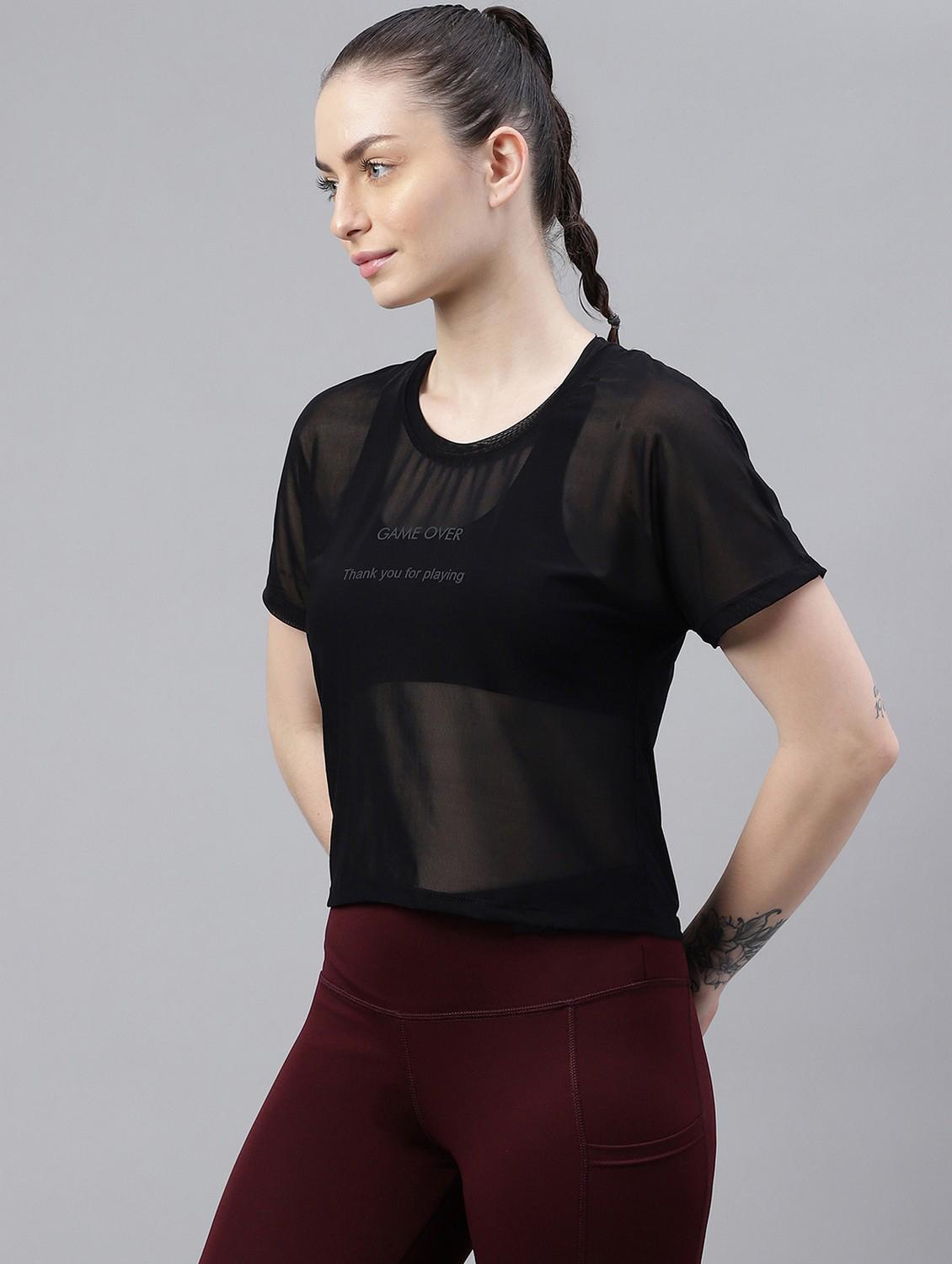 women black typographic round neck sport t-shirt - 21763405 -  Standard Image - 1