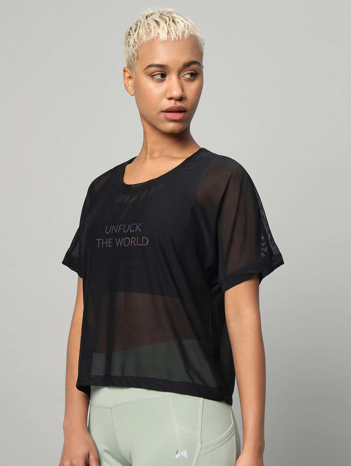 women black typographic round neck sport t-shirt - 21763416 -  Standard Image - 1