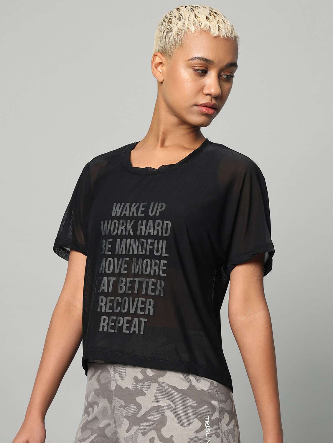 women black typographic round neck sport t-shirt - 21763418 -  Standard Image - 1