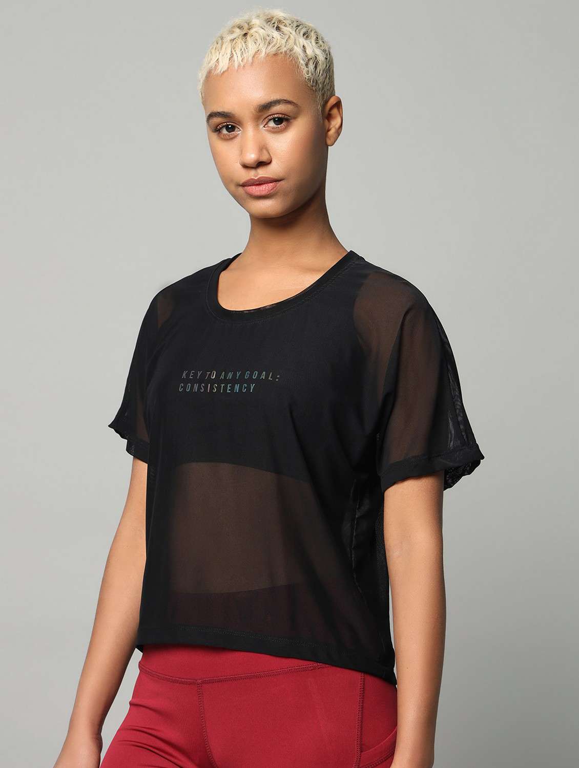 women typographic printed mesh sports t-shirt - 21763421 -  Standard Image - 1