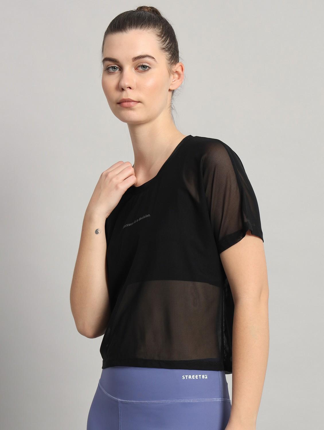 women black typographic round neck sport t-shirt - 21763426 - Standard Image - 1