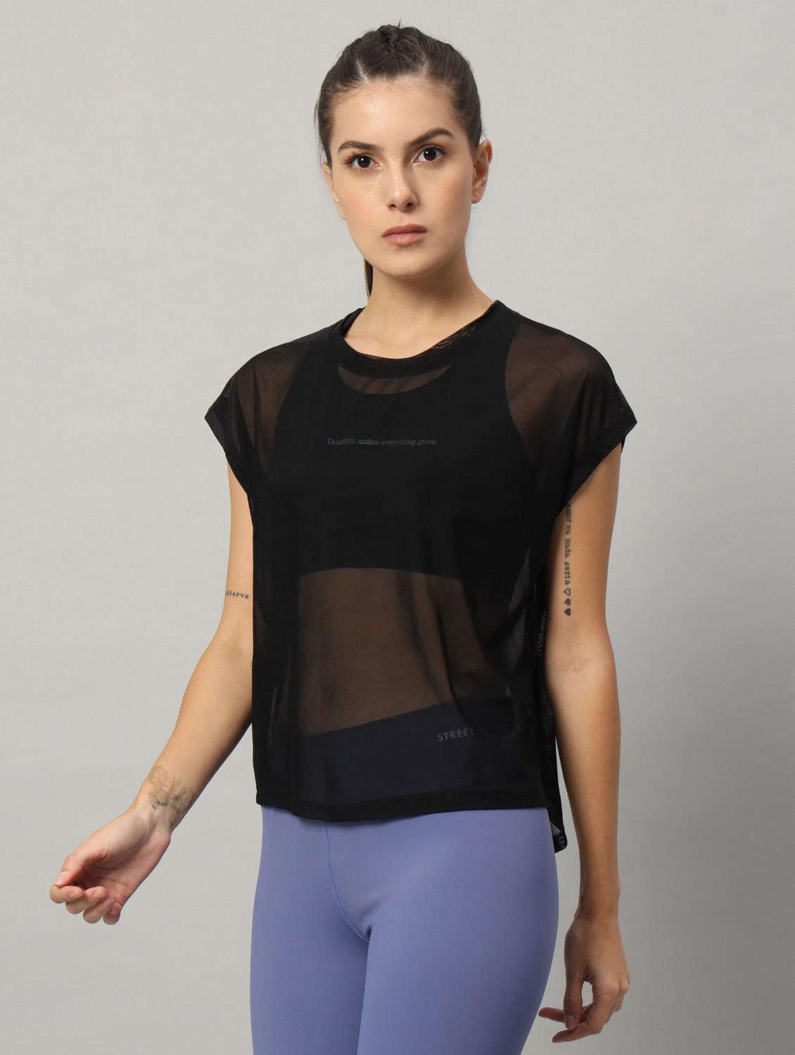 women black typographic round neck sport t-shirt - 21763437 - Standard Image - 1