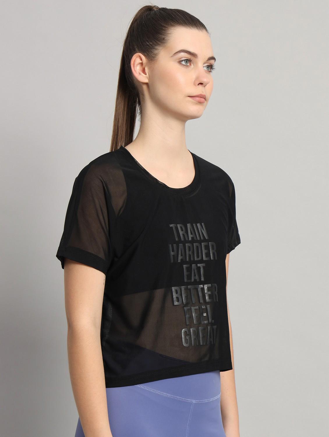 women black typographic round neck sport t-shirt - 21763439 - Standard Image - 1