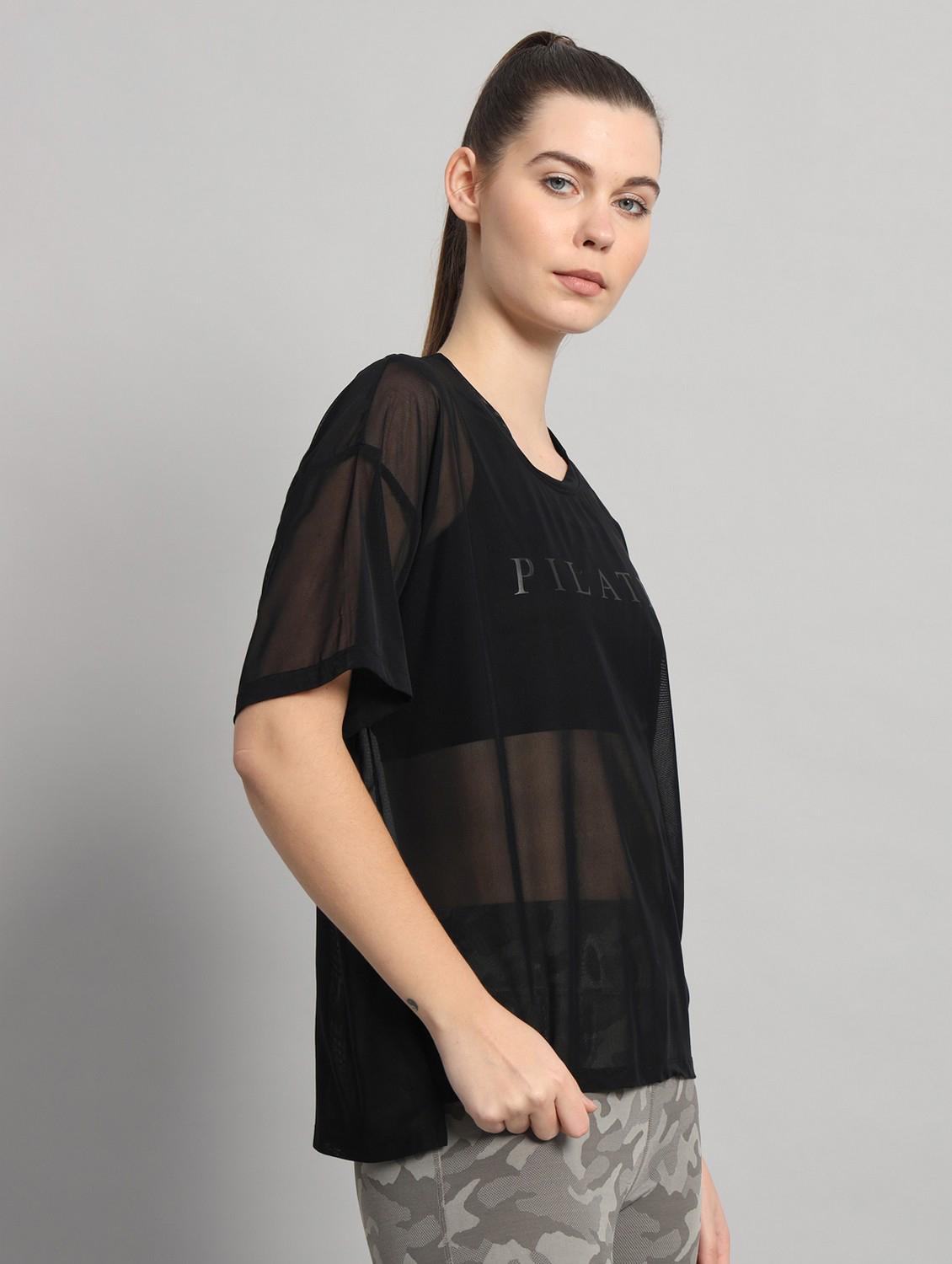 women black typographic round neck sport t-shirt - 21763447 - Standard Image - 1