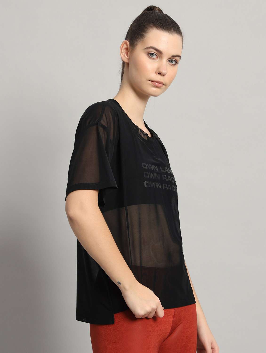 women black typographic round neck sport t-shirt - 21763448 -  Standard Image - 1