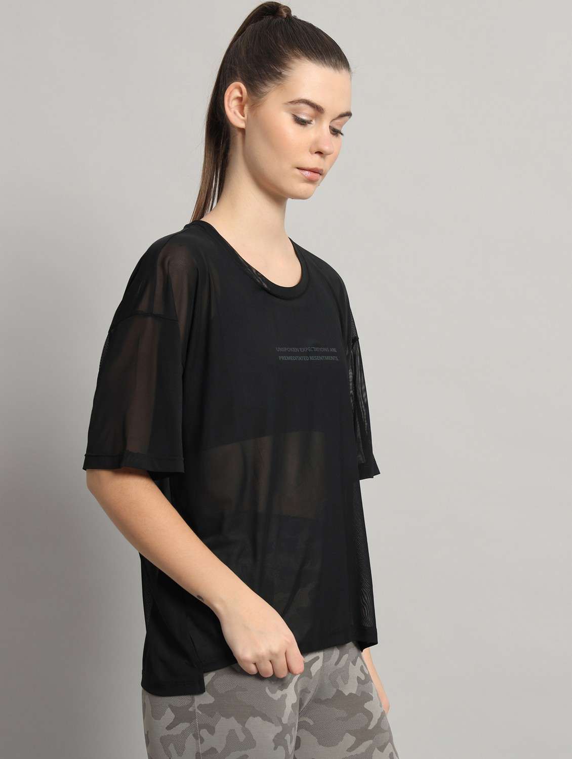women black typographic round neck sport t-shirt - 21763450 - Standard Image - 1