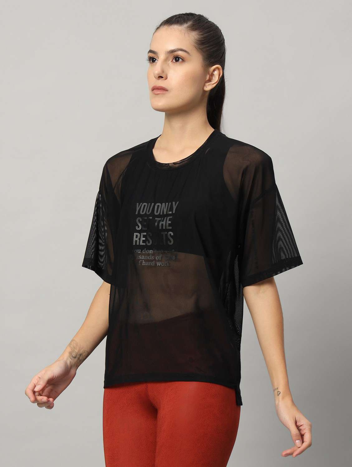 women black typographic round neck sport t-shirt - 21763455 -  Standard Image - 1