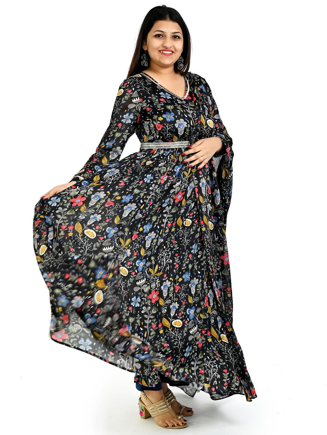 women black floral printed long sleeve kurta dupatta set - 21764185 - Standard Image - 1