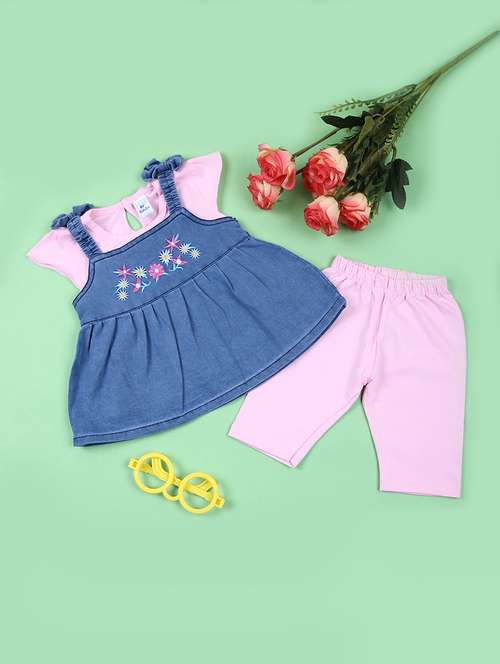 girls pink printed full length twin set