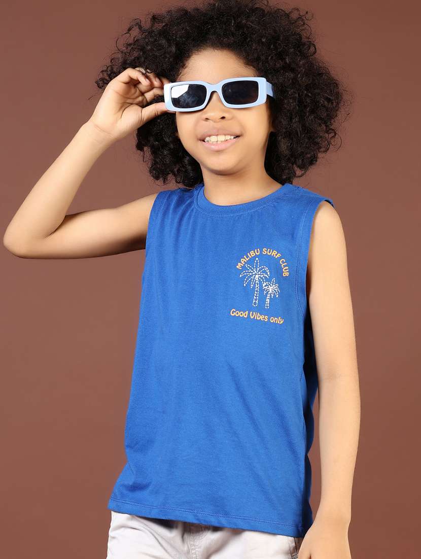 boys blue front & back print sleeveless t-shirt