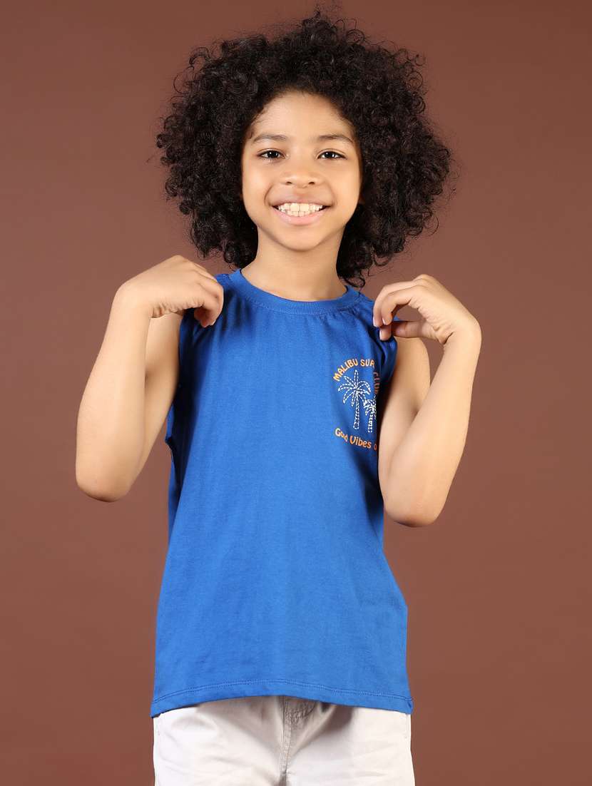 Boys Blue Front & Back Print Sleeveless T-shirt - 21764404 -  Standard Image - 1