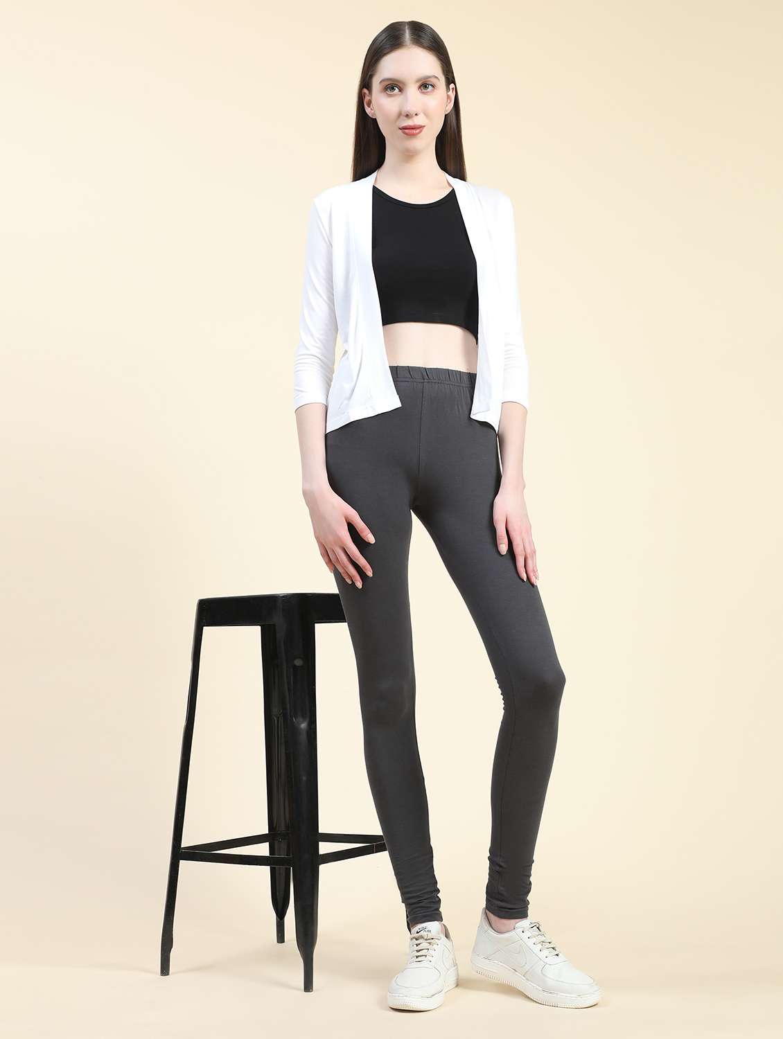 women solid tank top & tight with shrug set - 21764489 -  Standard Image - 4