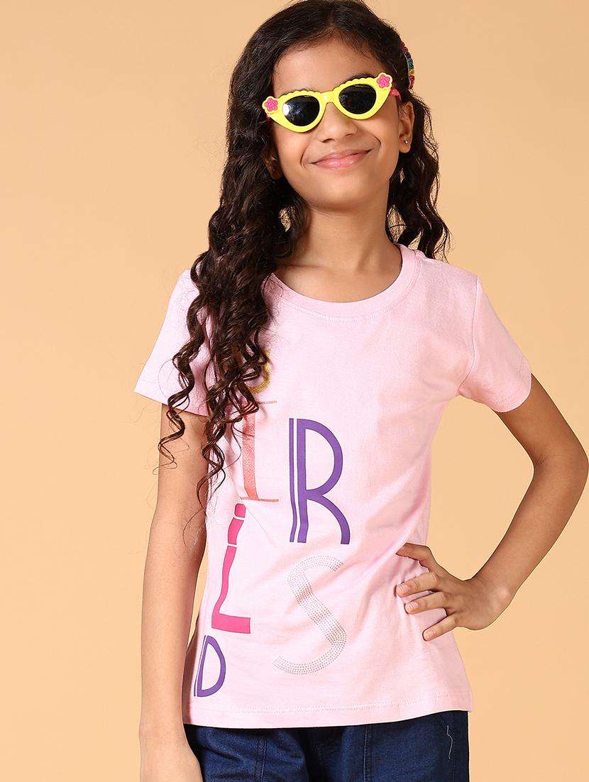 girls front print round neck casual t-shirt