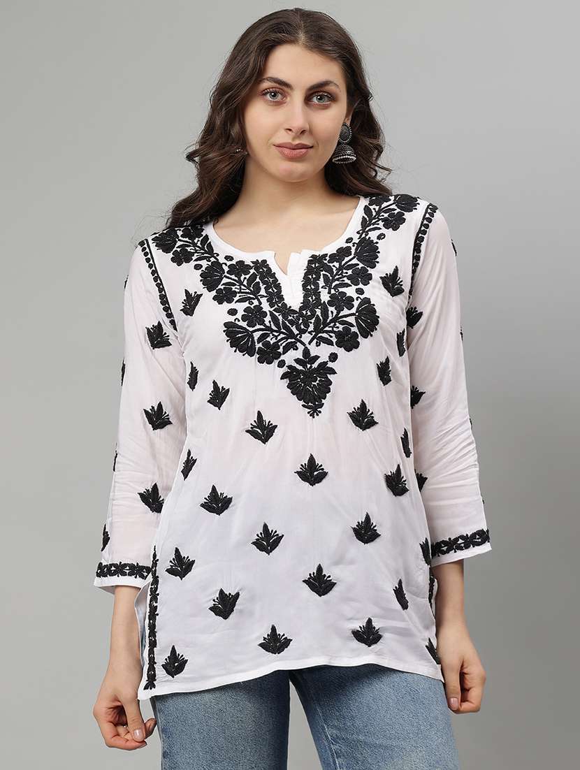 women three quarter sleeve straight chikankari kurti