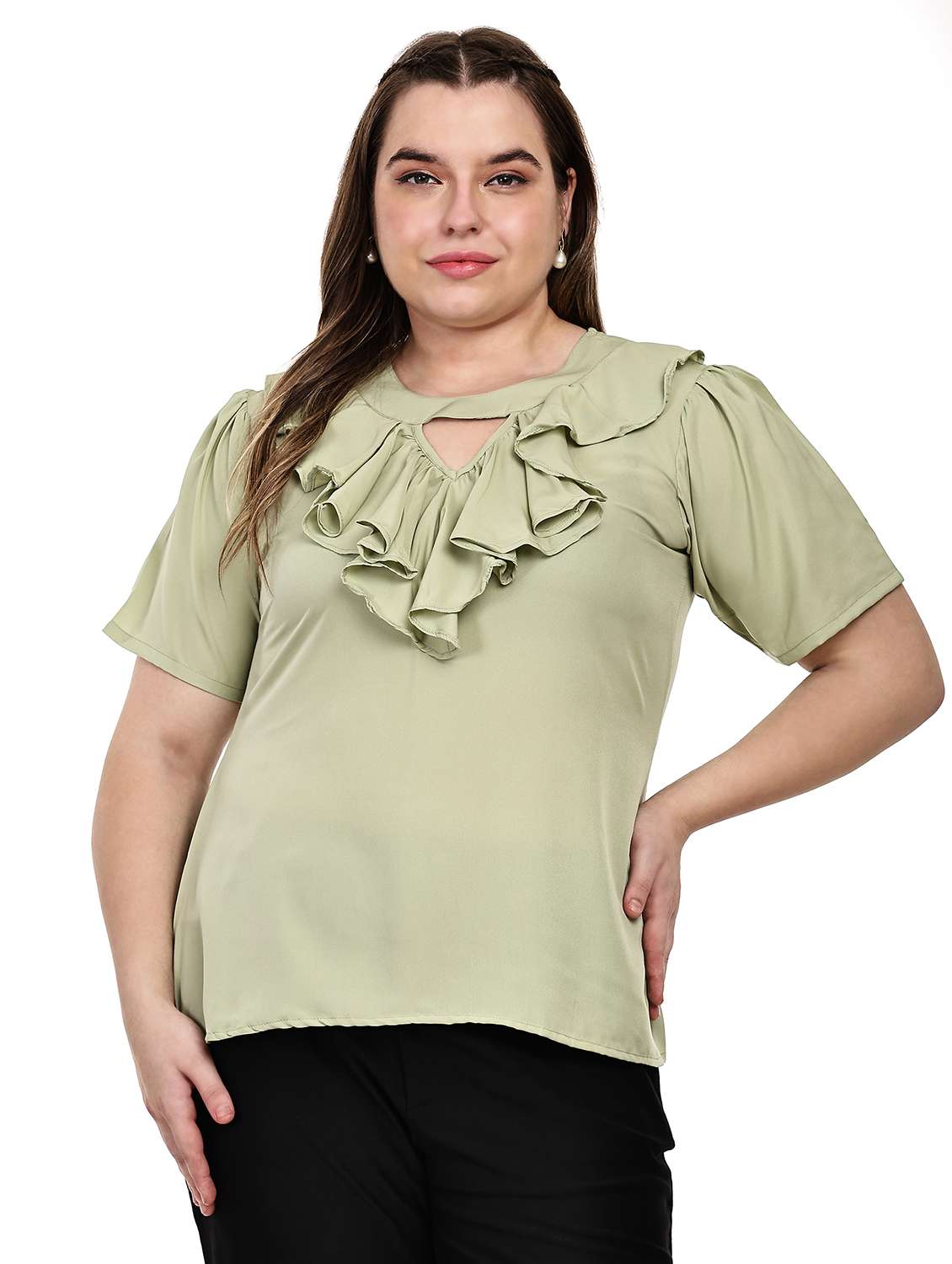 women plus size solid ruffled neck regular top