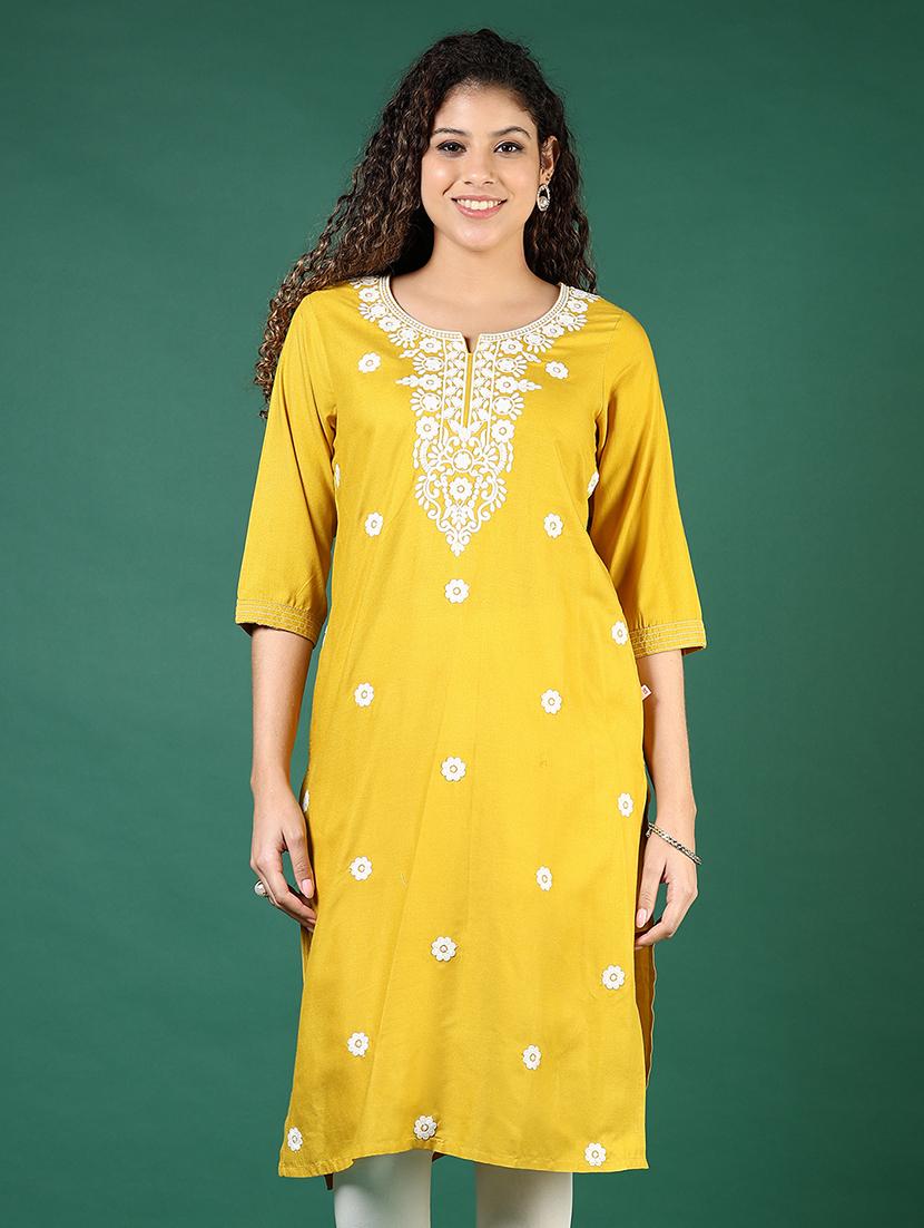 women embroidered notch neck straight kurta - 21764690 - Zoom Image - 0