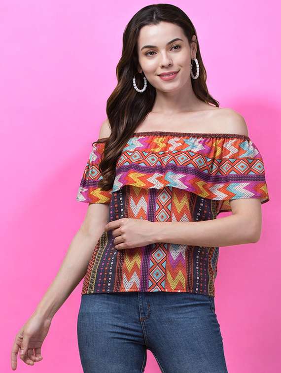 women printed off shoulder regular top