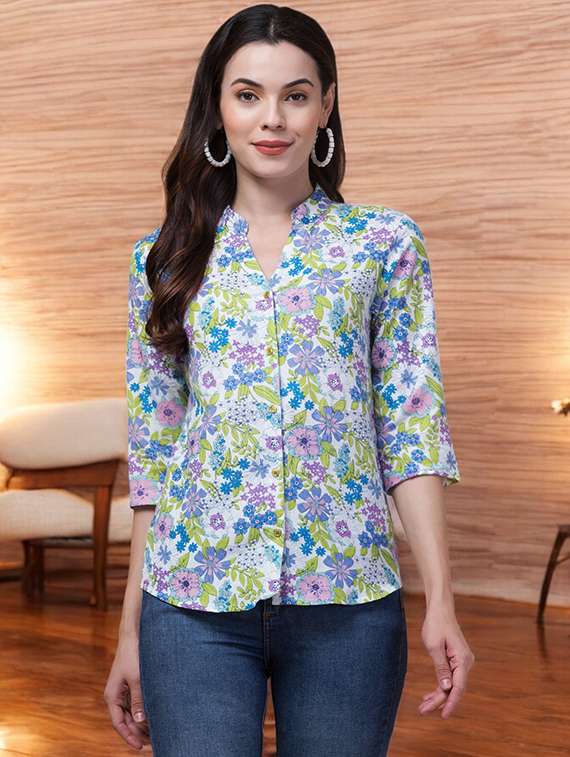 women floral print mandarin neck shirt style top