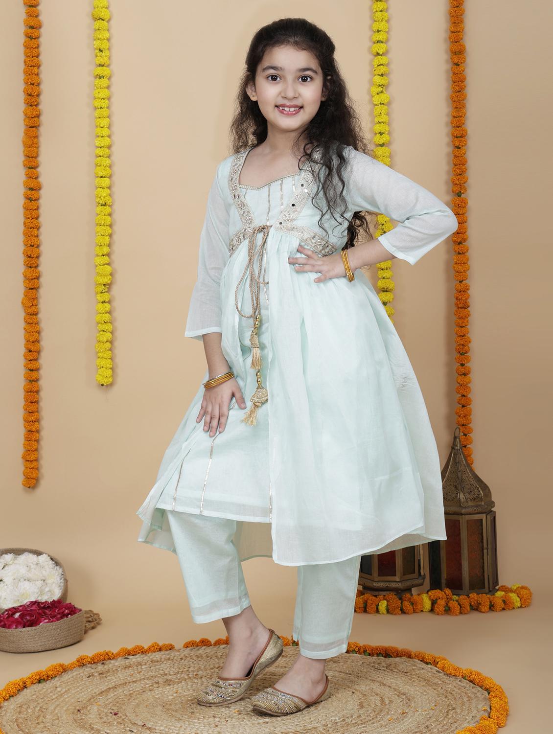 girls sea green embroidered kurta pant set - 21764866 - Standard Image - 1
