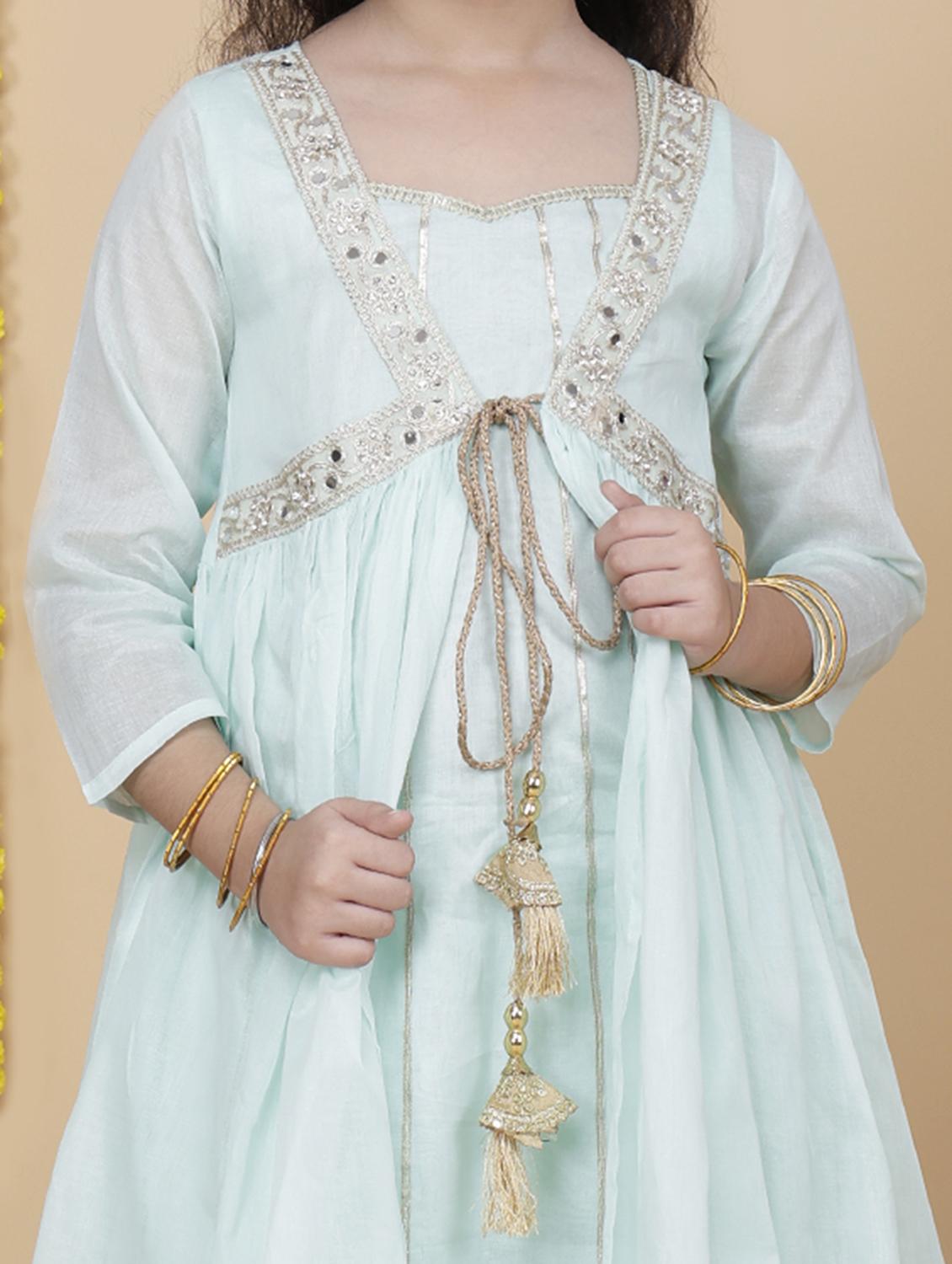 girls sea green embroidered kurta pant set - 21764866 - Standard Image - 4