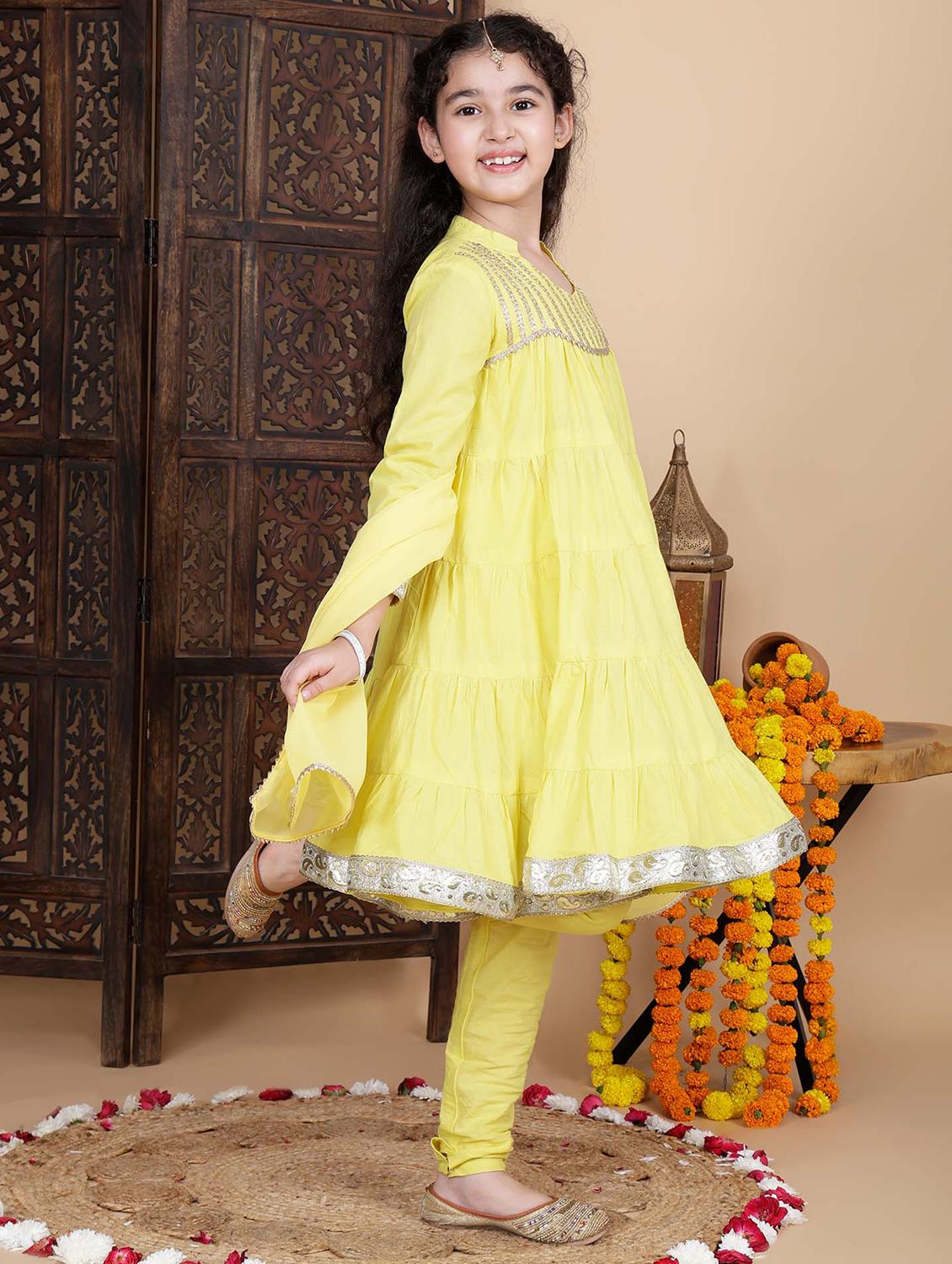 girls yellow gota work kurta churidaar set with dupatta - 21764868 - Standard Image - 1