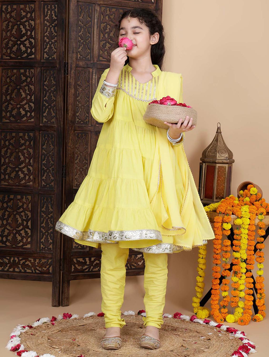 girls yellow gota work kurta churidaar set with dupatta - 21764868 - Standard Image - 4